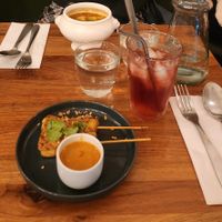 Tofu saté, soup and hibiscus margarita at Kapunka Vegan in Paris