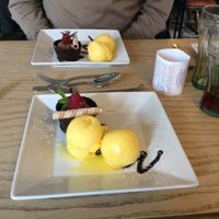 vegan chocolate orange mousse with mandarins sorbet at The Vegetarian Red Lion in Ipswich