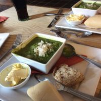 vegan Pea and Watercress soup with vegan bread and butter at The Vegetarian Red Lion in Ipswich