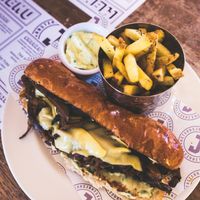 Jake's Funghi Cheeze Steak Sarnie with Thyme Fries and Bearnaise sauce (100% Vegan sauce you won't find anywhere else!) at Honeymoon in East London