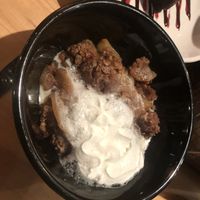 Vegan apple cobbler with (regular) whipped cream   at Ranch Camp in Stowe