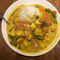 Mixed vegetables and tempeh in coconut milk broth at BoBoKo in Harrisonburg