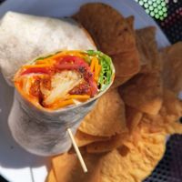 Buffalo Cauliflower Wrap with Chips at ERIS Brewery and Cider House in Chicago