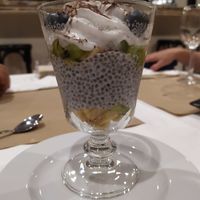 Chia pudding with fruits and coconut whipe cream at Giusto Restaurante Vegano in Torrevieja