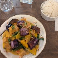 Squash curry (added tofu) with rice (extra charge) at Kulinarya in Vancouver