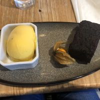 Vegan chocolate sponge cake and mango basil sorbet at The Riverside in Dunblane