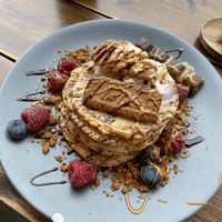 Biscoff and bueno pancakes with berries  at Hampton & Vouis in Manchester