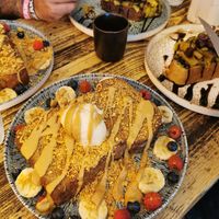 french toast in the front, mediterranean brunch in the back at Hampton & Vouis in Manchester