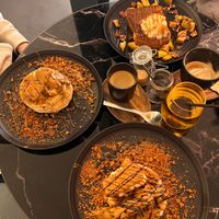 Apple & Cinnamon French Toast. 
Vegan Biscoff Pancakes.
Vegan Biscoff & 'Bueno' pancakes (They use LoveRaw for the Bueno). 
 at Hampton & Vouis in Manchester