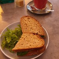 Great tasting beetroot latte for £3 and a lovely sourdough sandwich with avocado, spinach and tomatoes at Hampton & Vouis in Manchester