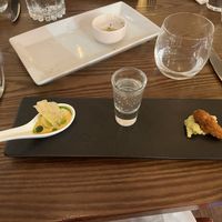 Chef made three special canapes- fresh light felafel bite, spoonful of gazpacho soup, shot of elderflower and soda- not sweet at all  at Wedgwood in Edinburgh