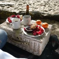 Hamper with "granola, chocolate, berries". at Wedgwood in Edinburgh