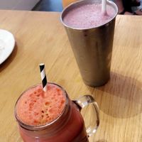 Bombie juice, berry smoothie with almond milk and crystals juice at Pilgrims Vegetarian Cafe in Corrimal