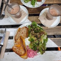 Grilled cheese sandwich and hot choco with oat milk at Okay Cafe in Berlin