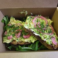 Avocado toast with vegan creamcheese and pickled onion! at Okay Cafe in Berlin