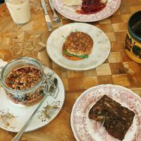 Banana bread, granola with soya yogurt, tasty bread and pancakes at vevi Café - vegan specialities in Cologne