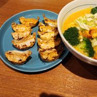 Vegan green meat gyoza and pumpkin egan ramen at Stripe Noodles in Chatan