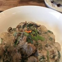 Mushroom dumplings in cashew cheese sauce.  at Southern Social in Vero Beach