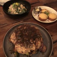 Smoked cauliflower steak, mushrooms and dumplings with jalapeño corn muffins at Southern Social in Vero Beach