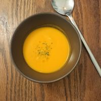 Small creamy carrot soup (vegan) at Ploughman's Lunch Bakery in Okinawa