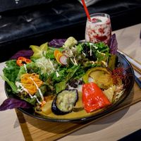 Coconut curry with berry yogurt lassi at Detox Cafe Felicidad in Okinawa