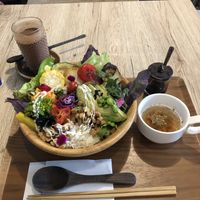 Big salad bowl and chocolate smoothie  at Detox Cafe Felicidad in Okinawa