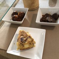 Top left lentil Albóndigas, top right vegan chorizo, bottom vegan tortilla  at BioWinds in Fuengirola