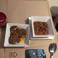 Tapas: Pisto (vegetable stew) and vegan Chorizo. very good. at BioWinds in Fuengirola