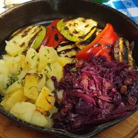 the only warm vegan option, with red cabbage instead of sauteed mushrooms at Kulinarium in Sibiu
