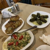 tabouleh salad, zucchini cakes, dolmadakia (stuffed wine leaves)  at Noah's Ark in Kos