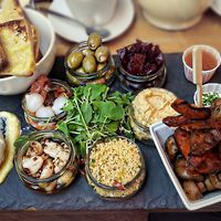 Vegan platter - hummus , sweet potato , couscous , mushrooms, garlic bread,etc  at The Garlic Farm in Sandown