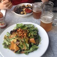 Tofu and peanut sauce salad(below), and beans with banana(above). at The Foundation Lounge in Vancouver