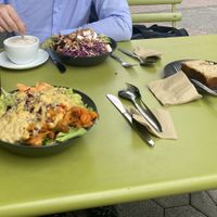 Superfood bowl, kebab bowl, cappuccino and a banana bread  at Vedans in Bayreuth