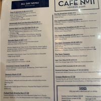 Menu - see key at the bottom right for vegan labels.  at Cafe No 11 in Rayleigh