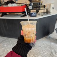 Cherry latte with almond milk at Gregory's Coffee - 7th Ave in New York City