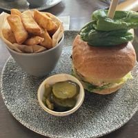 Burger and chips  at The Old Farmhouse in Darlington