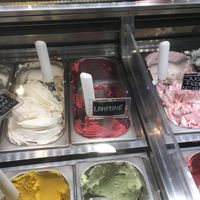 Top right- dairy free raspberry ripple and top left- dairy free banana  at L'altra Biancaneve - Piazza Lenotti in Bardolino