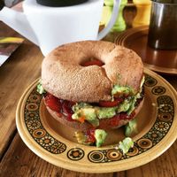 Avocado, tomato and. chipotle gluten free vegan bagel YUM!  at Kangus Coffee in Kirkcaldy