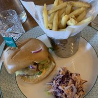 Vegan cheeseburger and chips  at The Cosy Club in Leeds