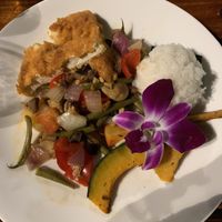 Breaded tofu with roasted vegetables and rice  at Old Lahaina Luau in Lahaina