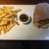 Chickpea Aubergine & Spinach Burger - with ‘roasted vegetable & grain salad’ at The Honey Bee in Wilmslow