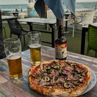 'the roasted' pizza with vegan cheese at The Wood Oven in Bournemouth