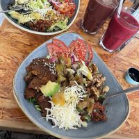 Bowls with tempeh and vegan cheese!  at Andrea's Brunch in Tarifa