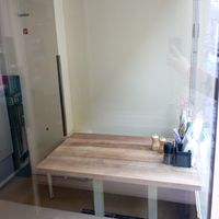 One of the two tables in the former display window at Suppenwirtschaft in Vienna