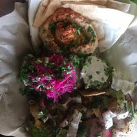 suzy’s sampler: hummus, falafel, salad at Gypsy Queen in Asheville