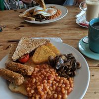 Meat free breakfast without egg & butter. Sausages are vegan at Sugar and Spice Cafe in Bacton