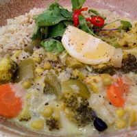 Thai green curry with brown rice, more like a soup than a curry at 269 Vegan in Perth