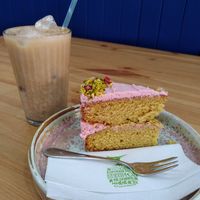 Iced chai, rose & pistachio cake at 269 Vegan in Perth