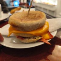 Breakfast sandwich with plant-based egg, cheese and ham! at Vegan Danish Bakery in Toronto