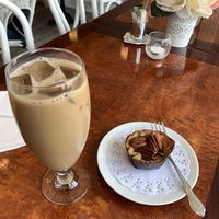Butter tart and iced coffee at Vegan Danish Bakery in Toronto